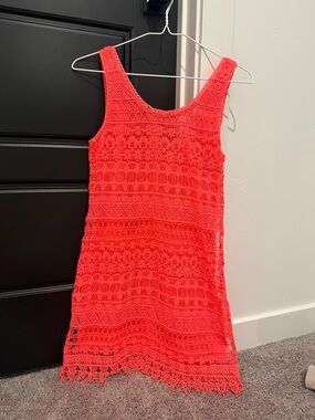 Divided Crochet Lace Tank Dress in Bright Coral